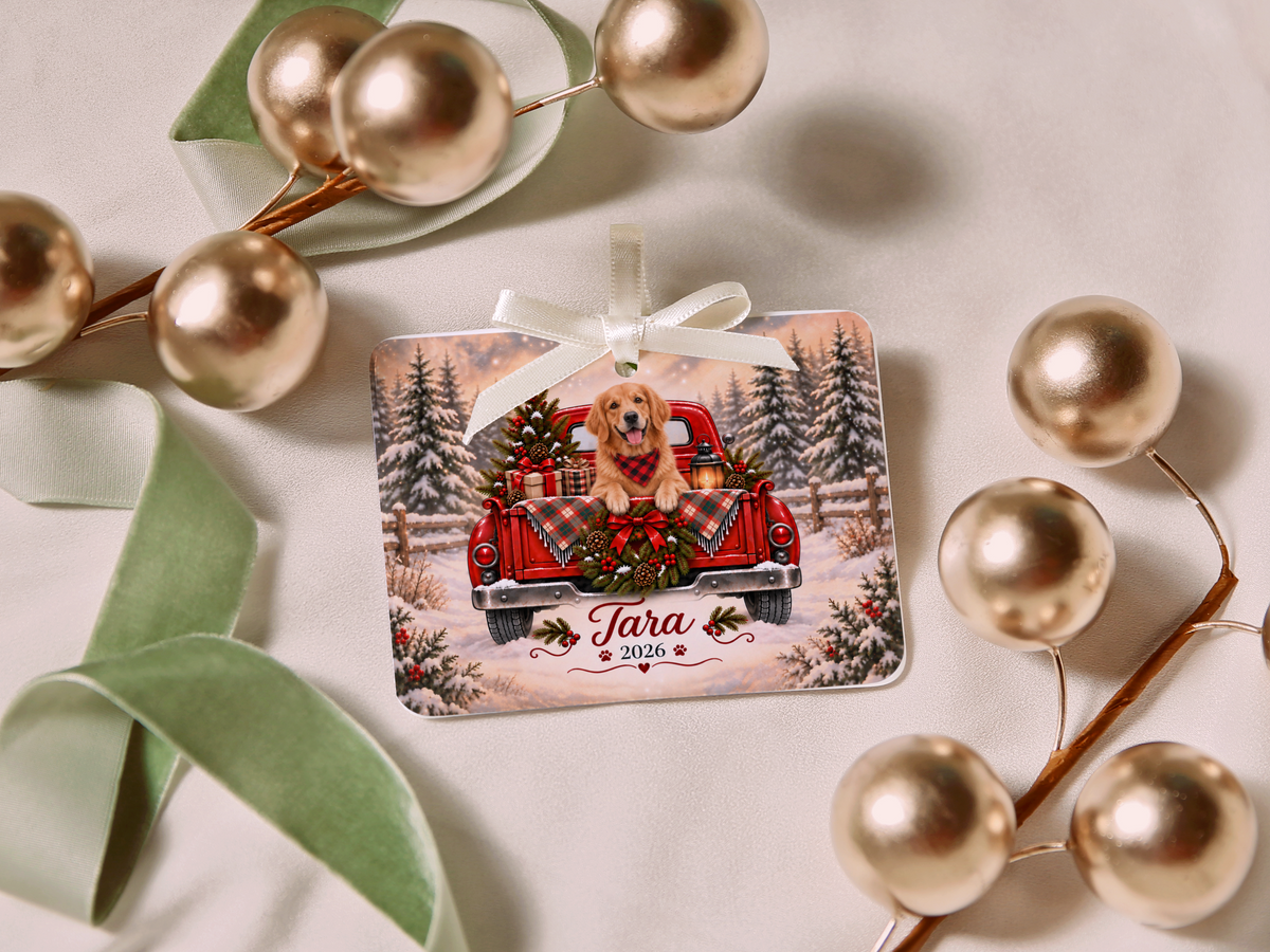 Personalized Golden Retriever Red Truck Ornament
