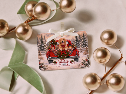 Personalized Golden Retriever Red Truck Ornament