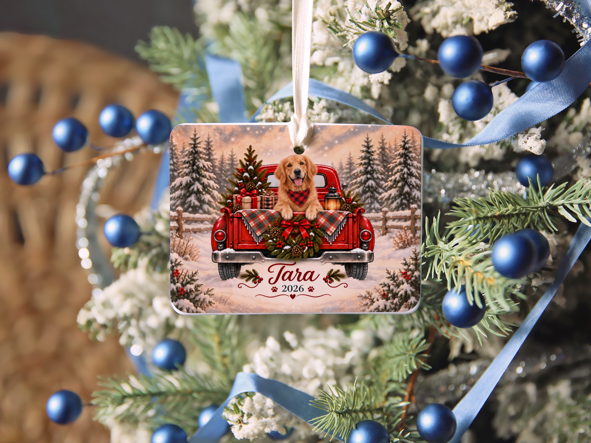 Personalized Golden Retriever Red Truck Ornament