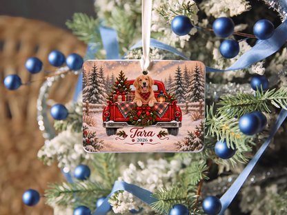 Personalized Golden Retriever Red Truck Ornament