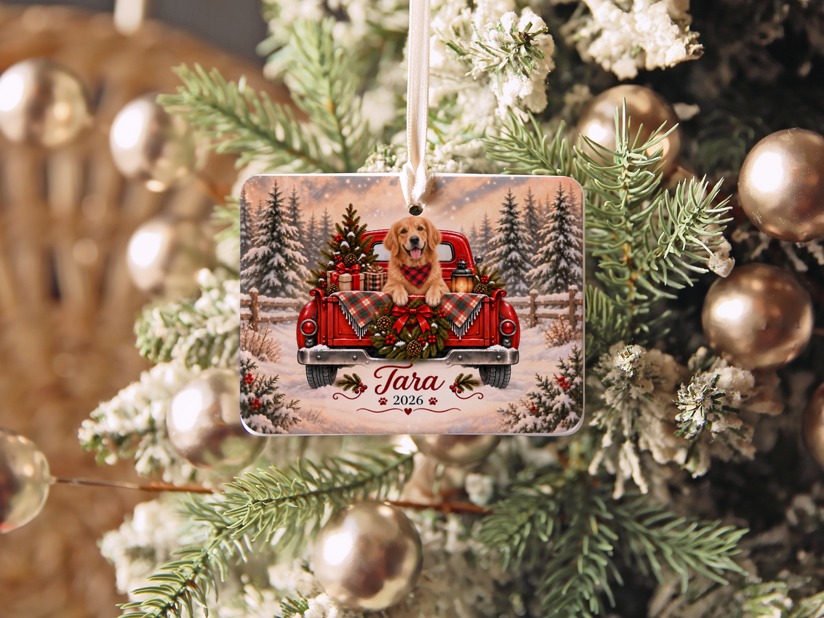 Personalized Golden Retriever Red Truck Ornament