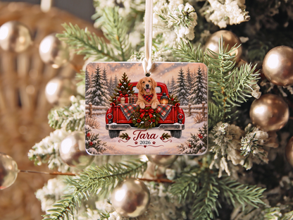Personalized Golden Retriever Red Truck Ornament