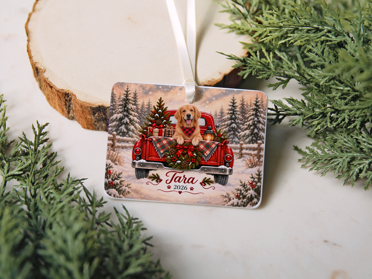 Personalized Golden Retriever Red Truck Ornament