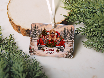 Personalized Golden Retriever Red Truck Ornament