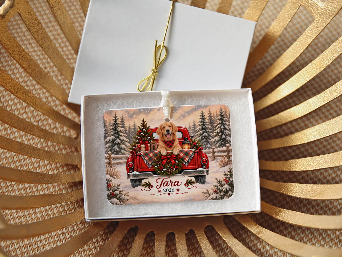 Personalized Golden Retriever Red Truck Ornament