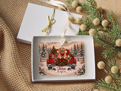 Personalized Golden Retriever Red Truck Ornament
