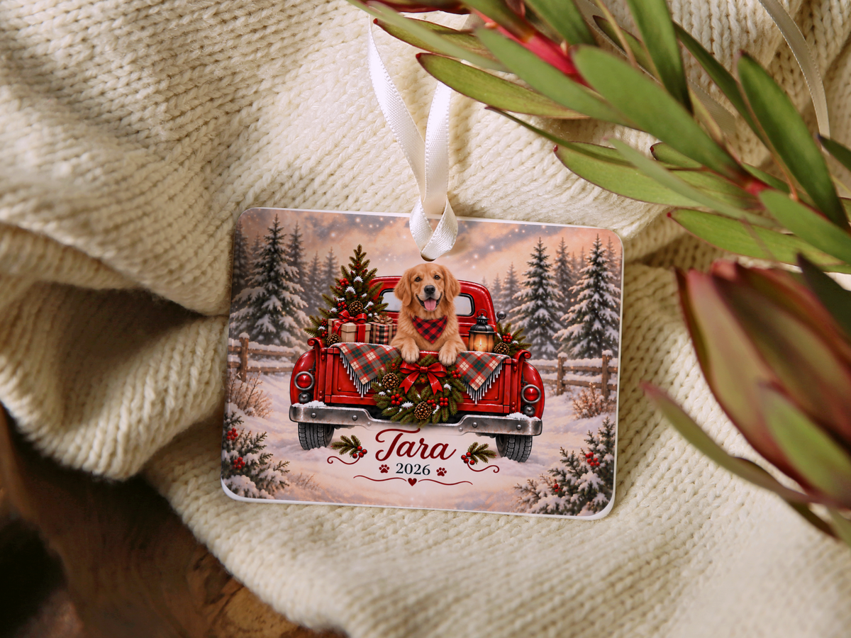 Personalized Golden Retriever Red Truck Ornament
