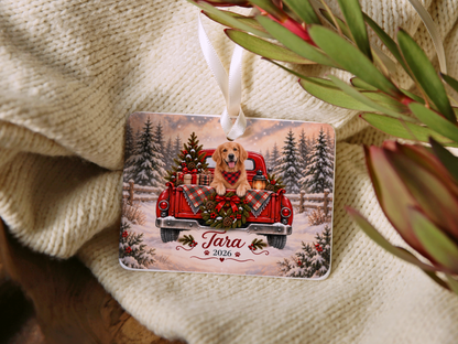 Personalized Golden Retriever Red Truck Ornament