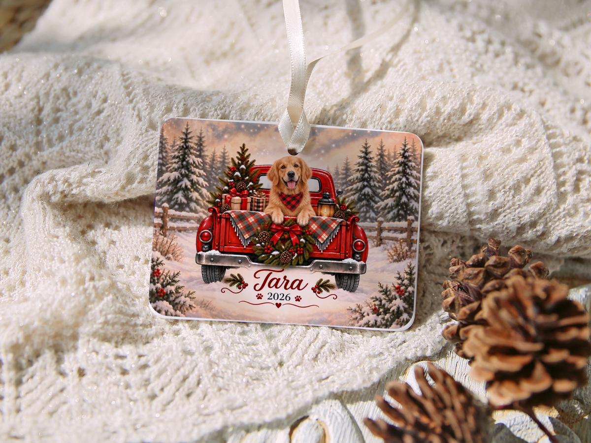 Personalized Golden Retriever Red Truck Ornament