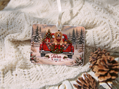 Personalized Golden Retriever Red Truck Ornament