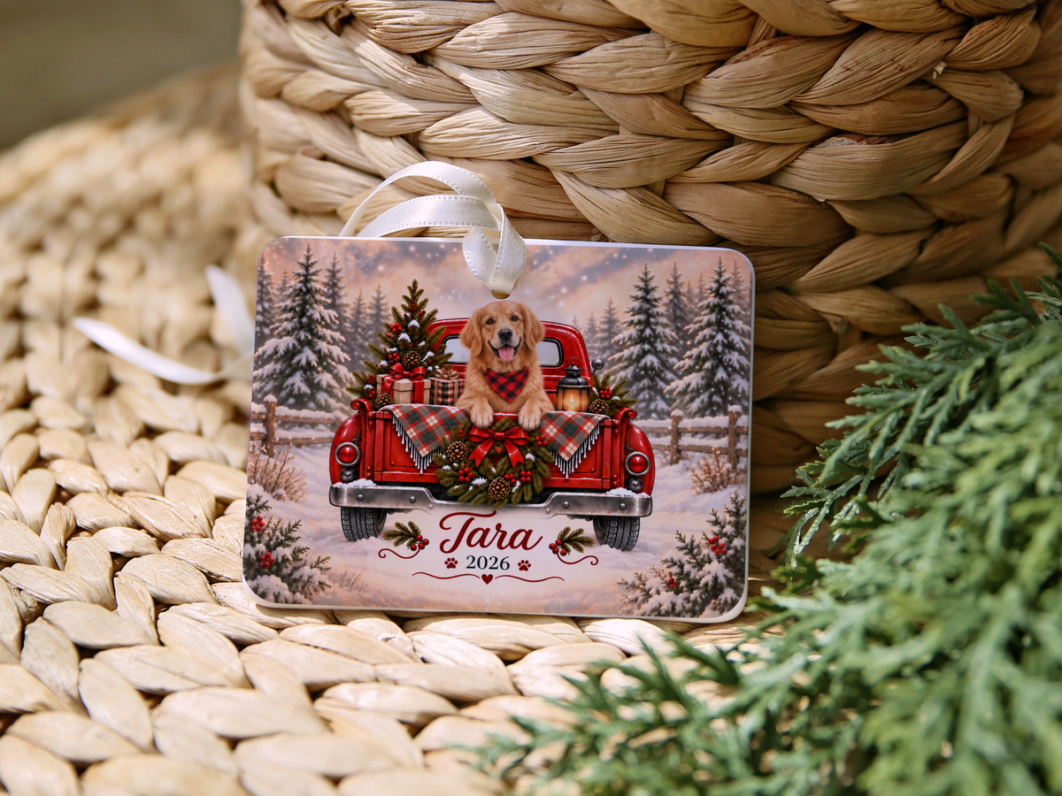 Personalized Golden Retriever Red Truck Ornament