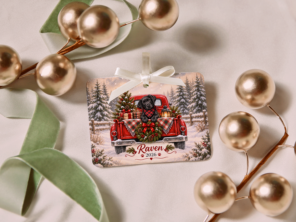 Personalized Black Lab Red Truck Ornament