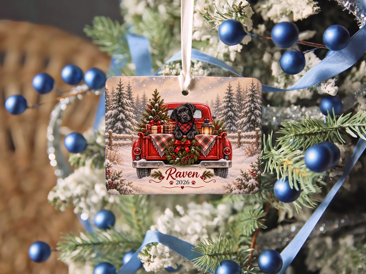 Personalized Black Lab Red Truck Ornament