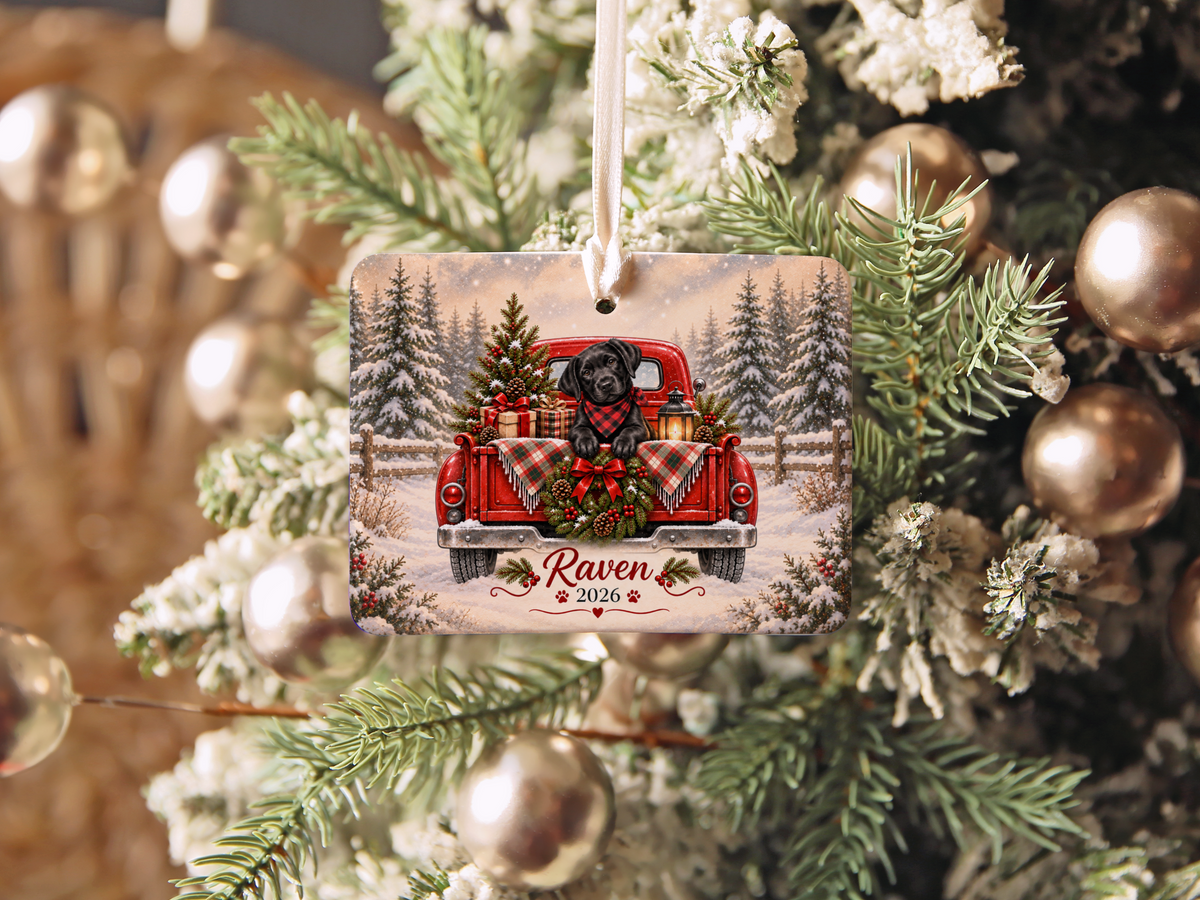 Personalized Black Lab Red Truck Ornament