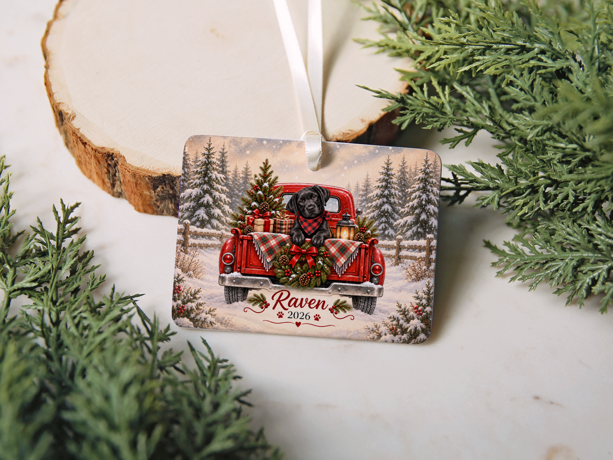 Personalized Black Lab Red Truck Ornament