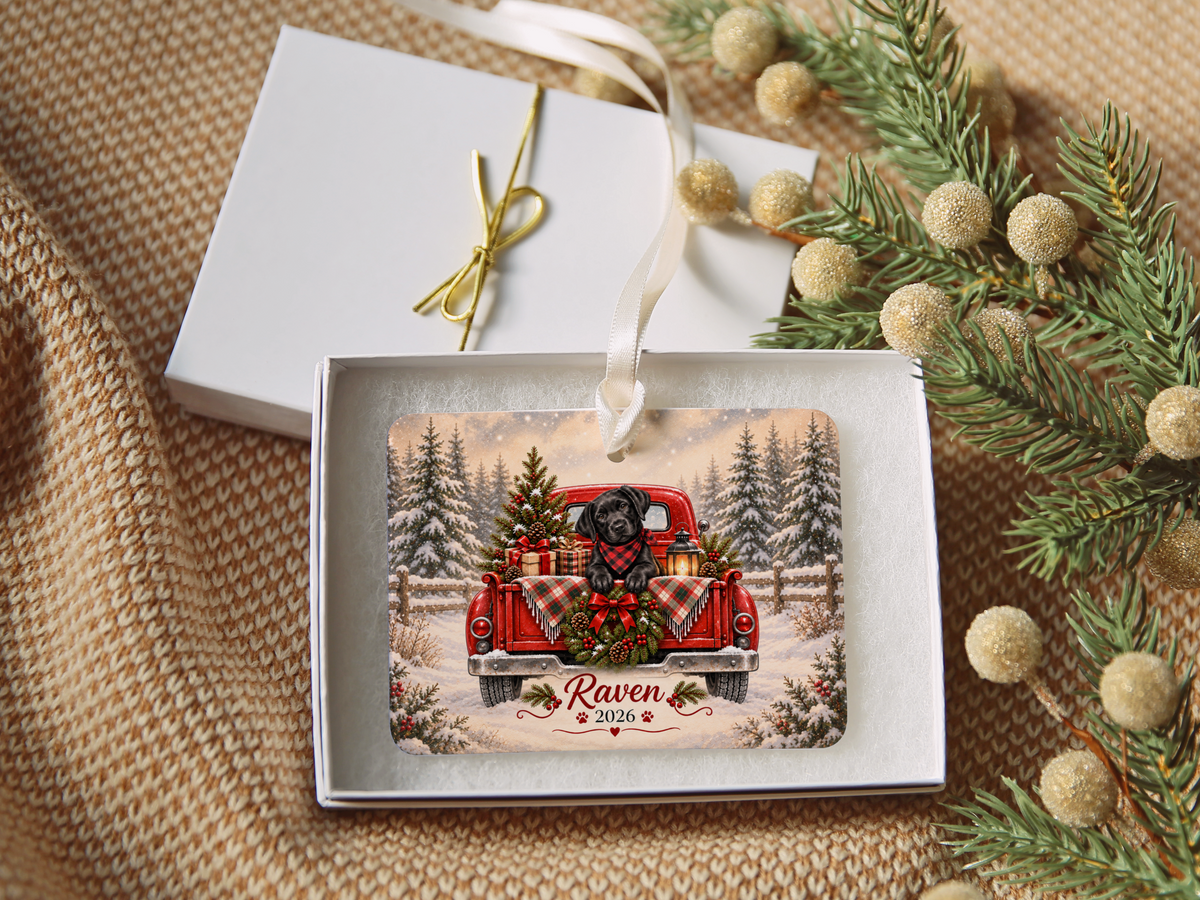 Personalized Black Lab Red Truck Ornament
