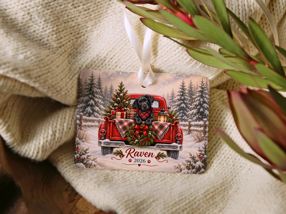 Personalized Black Lab Red Truck Ornament