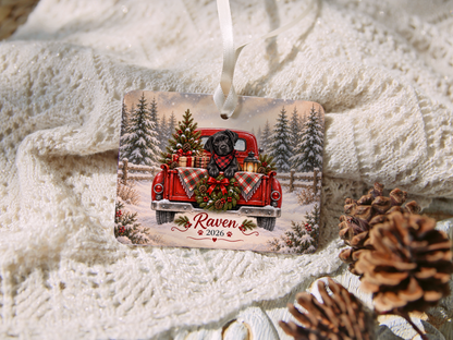 Personalized Black Lab Red Truck Ornament