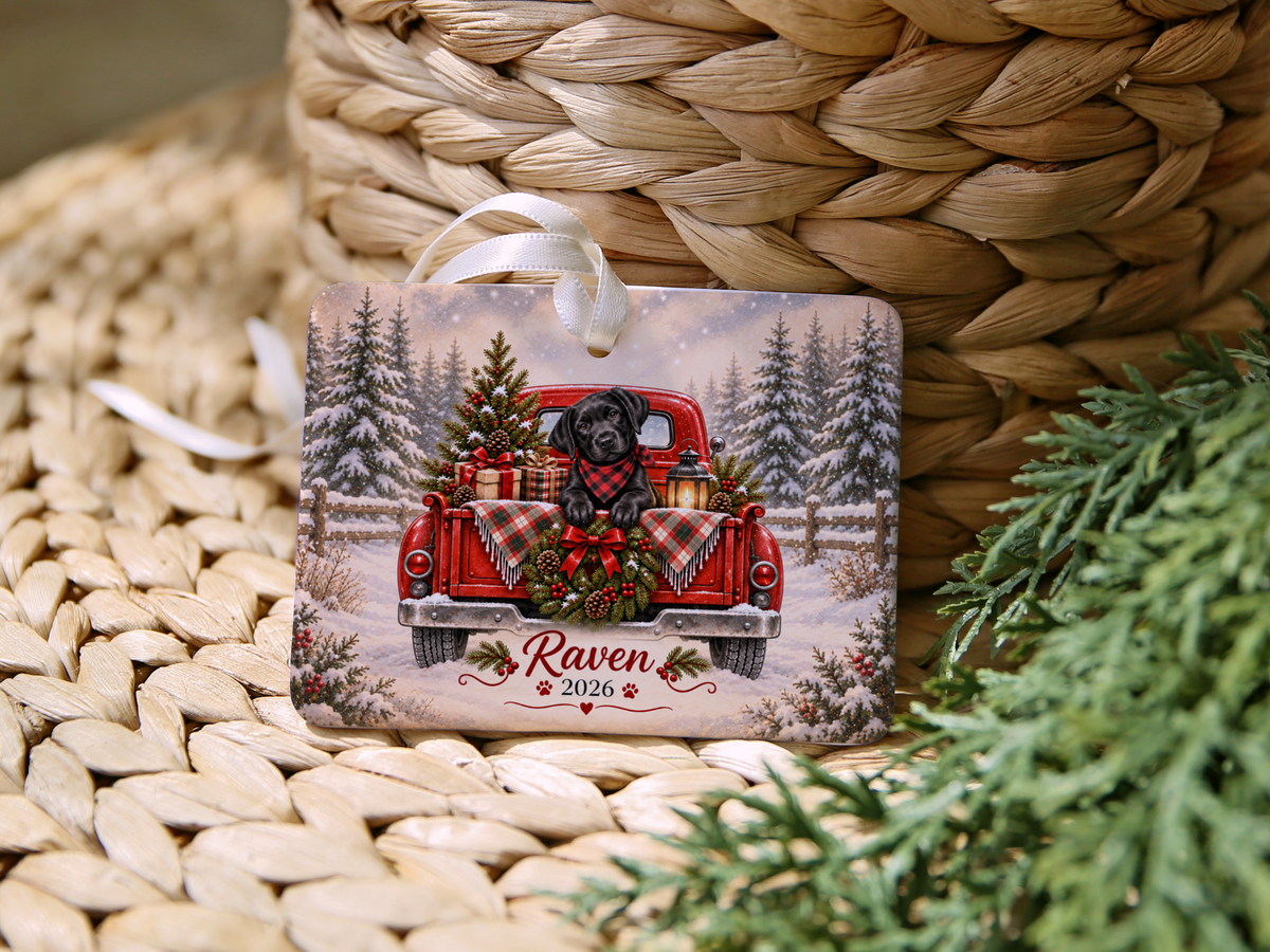 Personalized Black Lab Red Truck Ornament