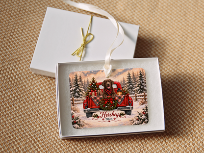 Personalized Chocolate Lab Ornament, Christmas Red Truck, Custom Name and Year