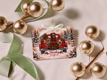 Personalized Chocolate Lab Ornament, Christmas Red Truck, Custom Name and Year