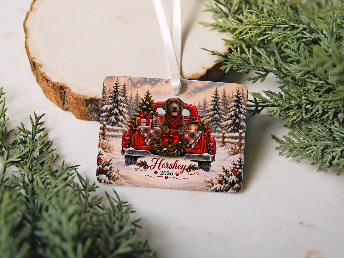 Personalized Chocolate Lab Ornament, Christmas Red Truck, Custom Name and Year