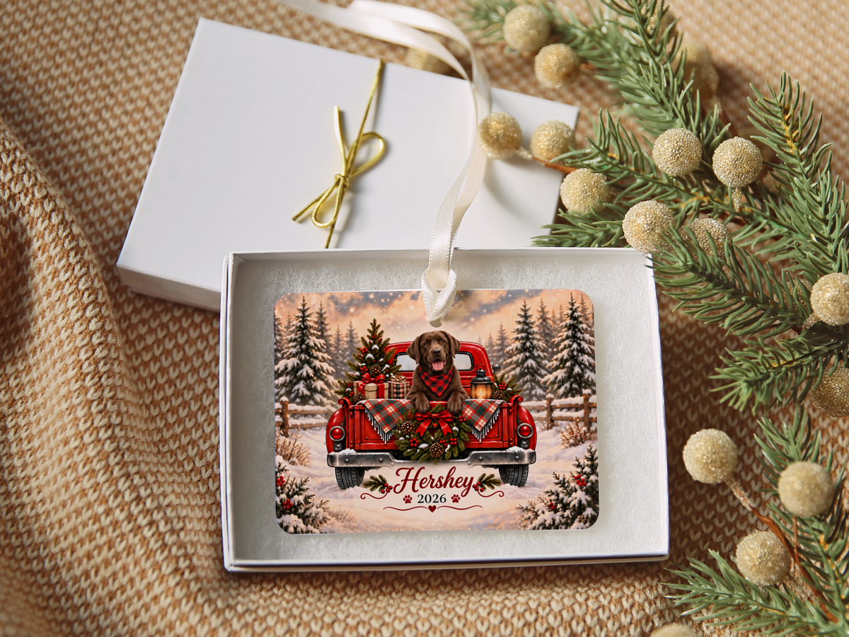 Personalized Chocolate Lab Ornament, Christmas Red Truck, Custom Name and Year