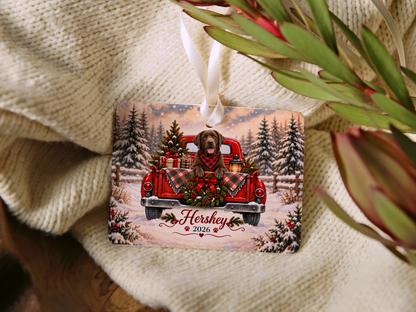 Personalized Chocolate Lab Ornament, Christmas Red Truck, Custom Name and Year