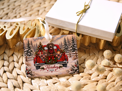 Personalized Chocolate Lab Ornament, Christmas Red Truck, Custom Name and Year