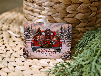 Personalized Chocolate Lab Ornament, Christmas Red Truck, Custom Name and Year