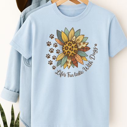 Life’s Furtastic With Dogs T-Shirt – Sunflower & Paw Print Tee for Dog Moms and Pet Lovers
