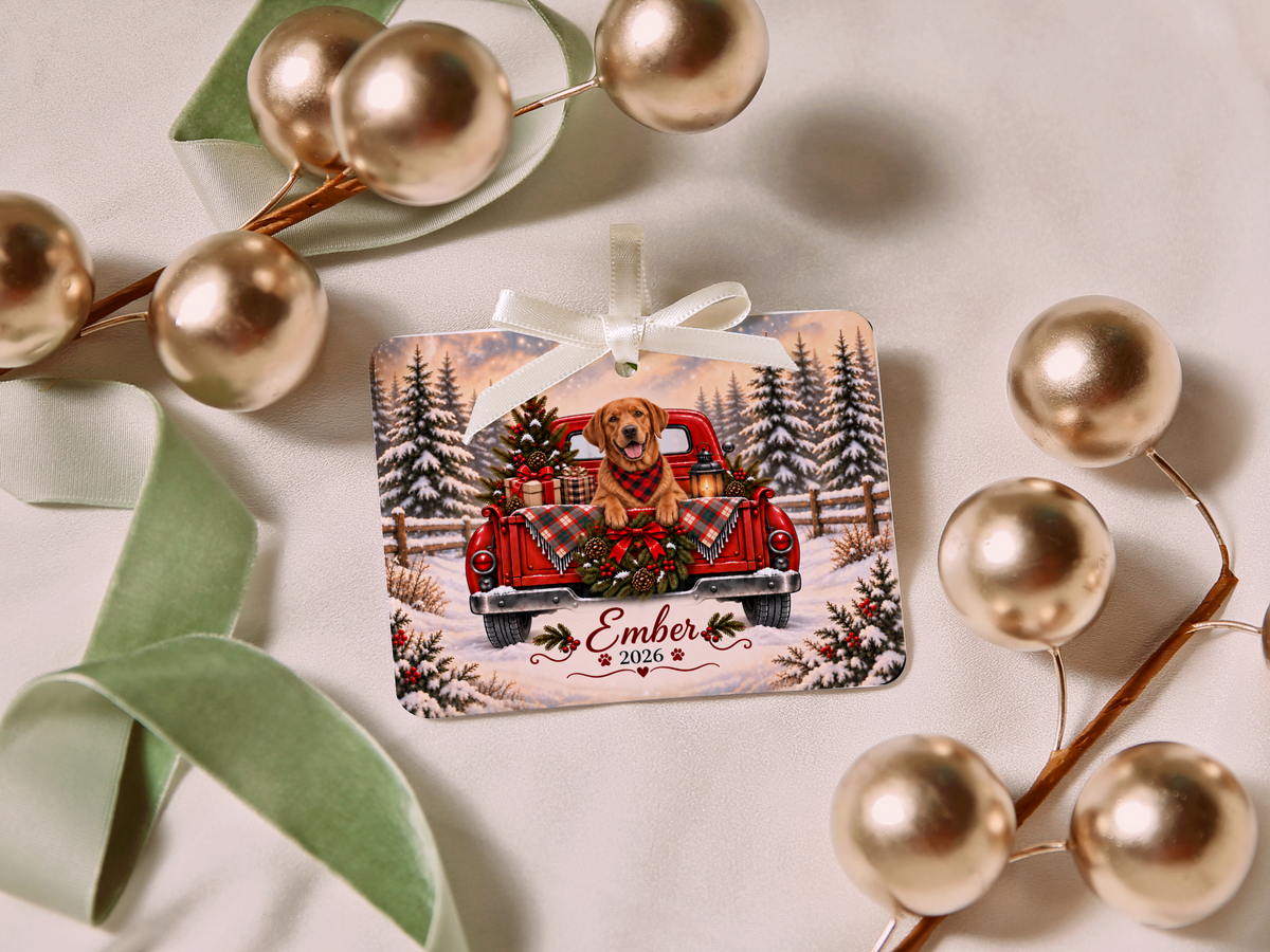 Personalized Fox Red Lab Ornament, Christmas Red Truck, Custom Name and Year