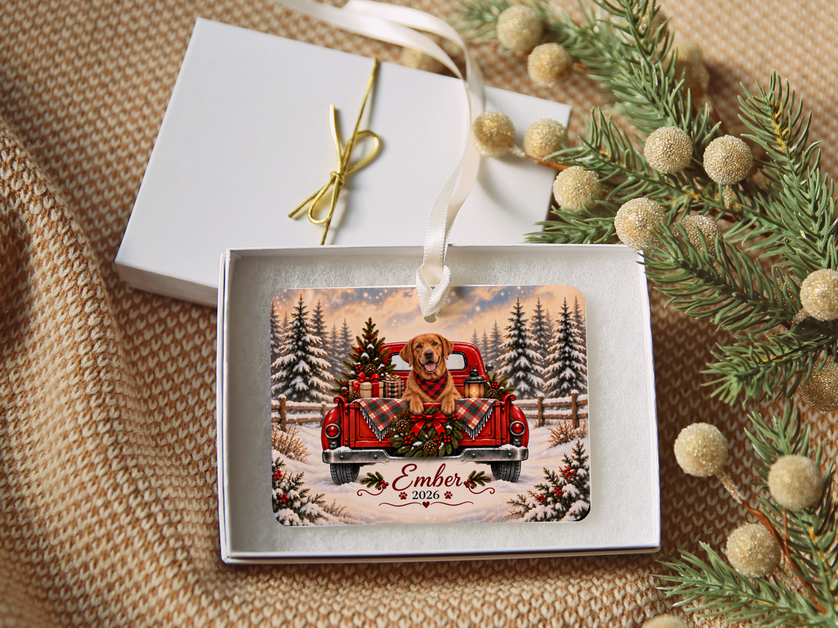 Personalized Fox Red Lab Ornament, Christmas Red Truck, Custom Name and Year