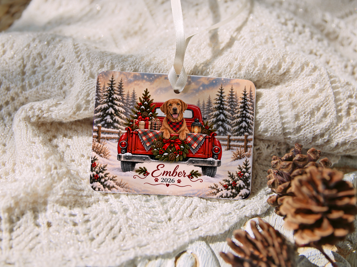 Personalized Fox Red Lab Ornament, Christmas Red Truck, Custom Name and Year
