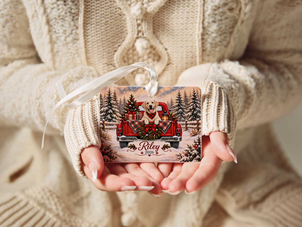 Personalized Yellow Lab Ornament, Christmas Red Truck, Custom Name and Year