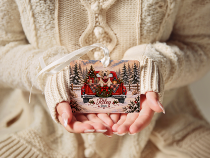 Personalized Yellow Lab Ornament, Christmas Red Truck, Custom Name and Year