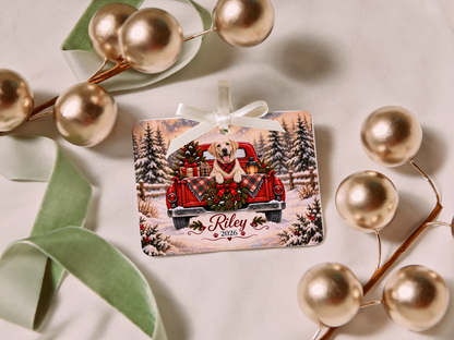Personalized Yellow Lab Ornament, Christmas Red Truck, Custom Name and Year