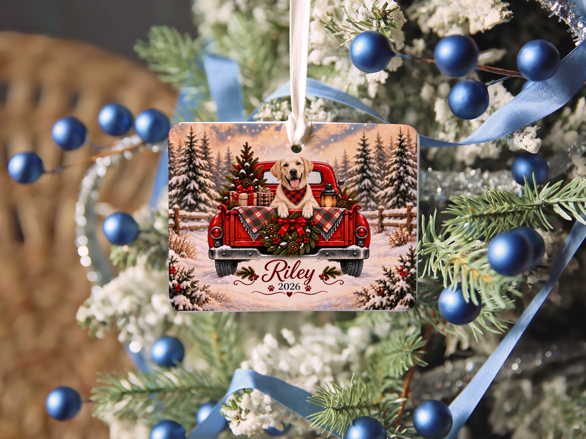Personalized Yellow Lab Ornament, Christmas Red Truck, Custom Name and Year