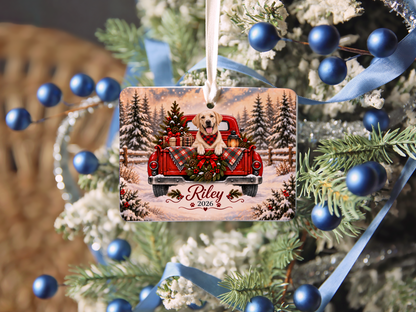 Personalized Yellow Lab Ornament, Christmas Red Truck, Custom Name and Year