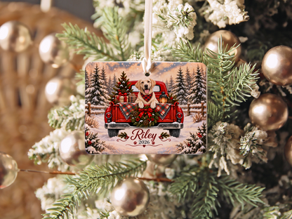 Personalized Yellow Lab Ornament, Christmas Red Truck, Custom Name and Year