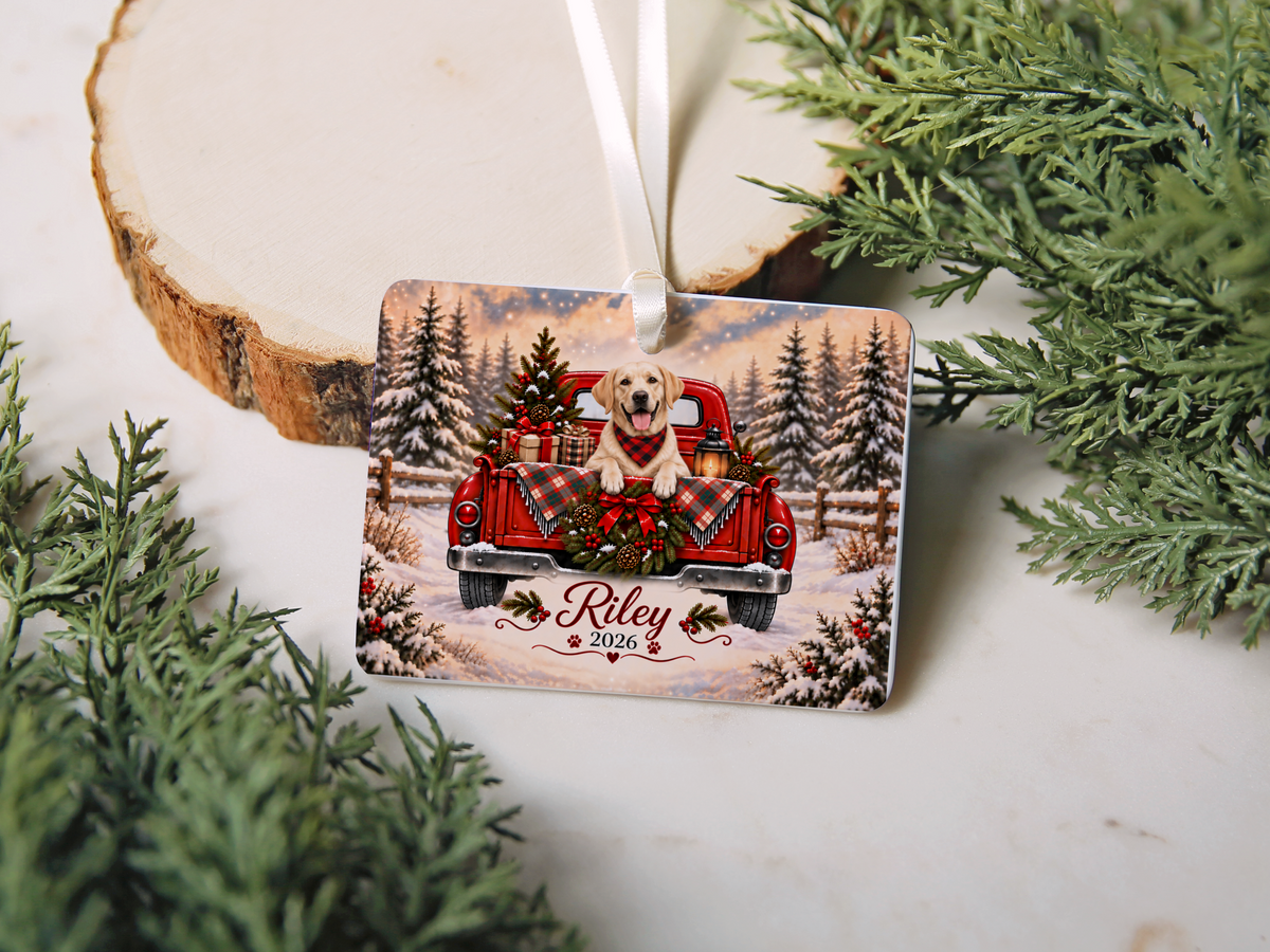 Personalized Yellow Lab Ornament, Christmas Red Truck, Custom Name and Year