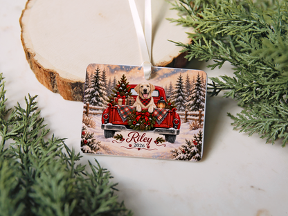 Personalized Yellow Lab Ornament, Christmas Red Truck, Custom Name and Year