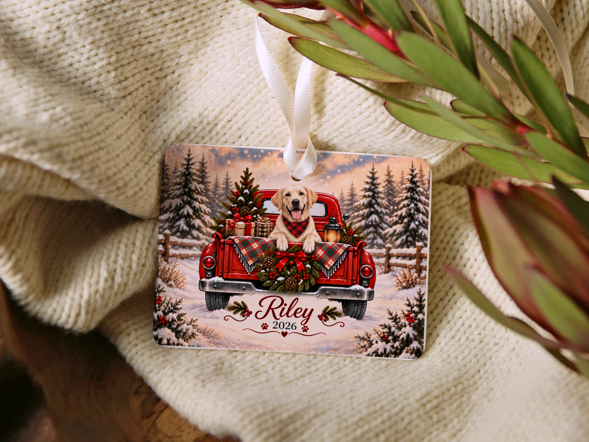 Personalized Yellow Lab Ornament, Christmas Red Truck, Custom Name and Year