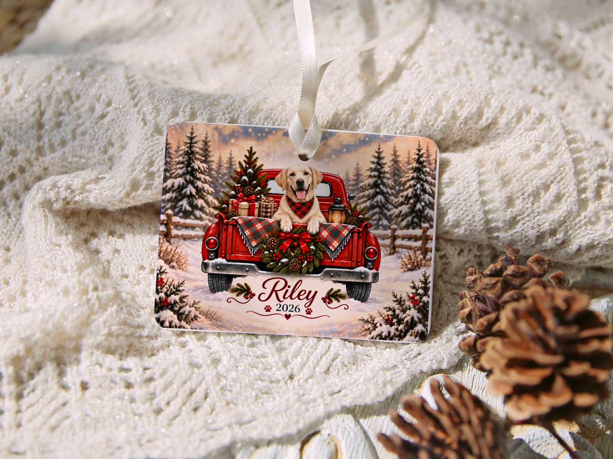 Personalized Yellow Lab Ornament, Christmas Red Truck, Custom Name and Year