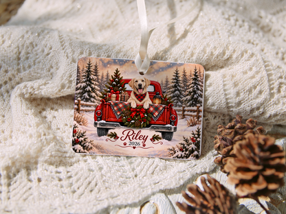 Personalized Yellow Lab Ornament, Christmas Red Truck, Custom Name and Year