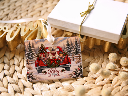 Personalized Yellow Lab Ornament, Christmas Red Truck, Custom Name and Year