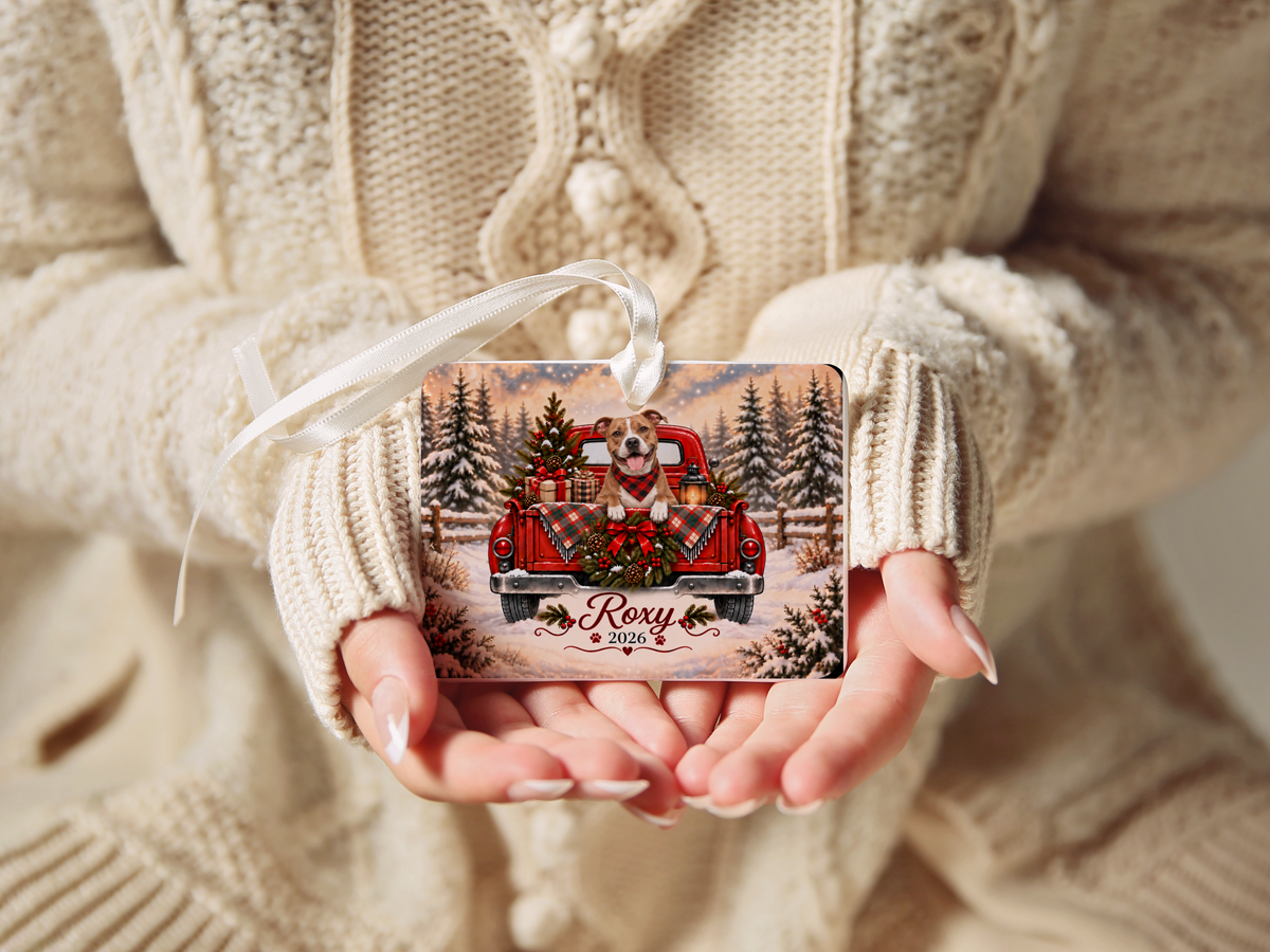 Personalized Pitbull Ornament, Christmas Red Truck, Custom Name and Year