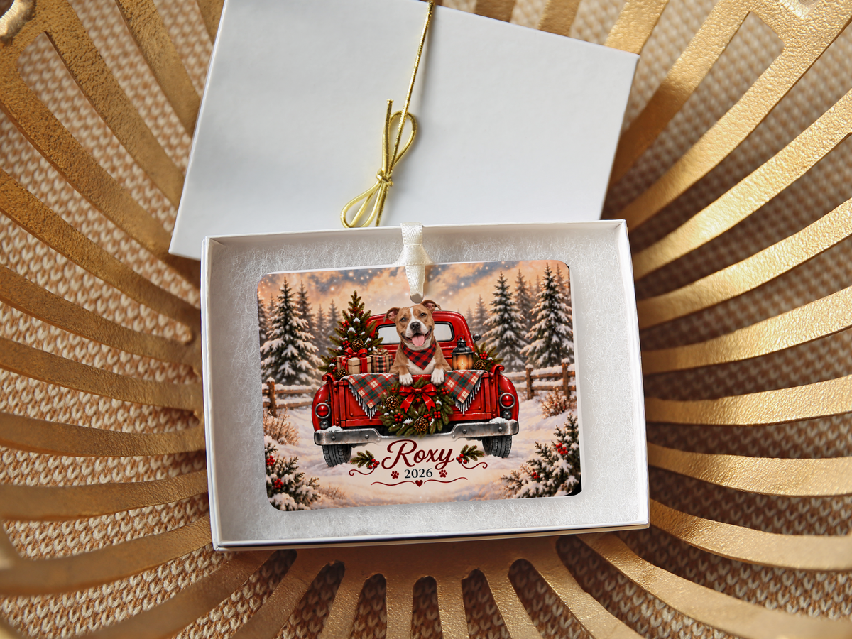 Personalized Pitbull Ornament, Christmas Red Truck, Custom Name and Year