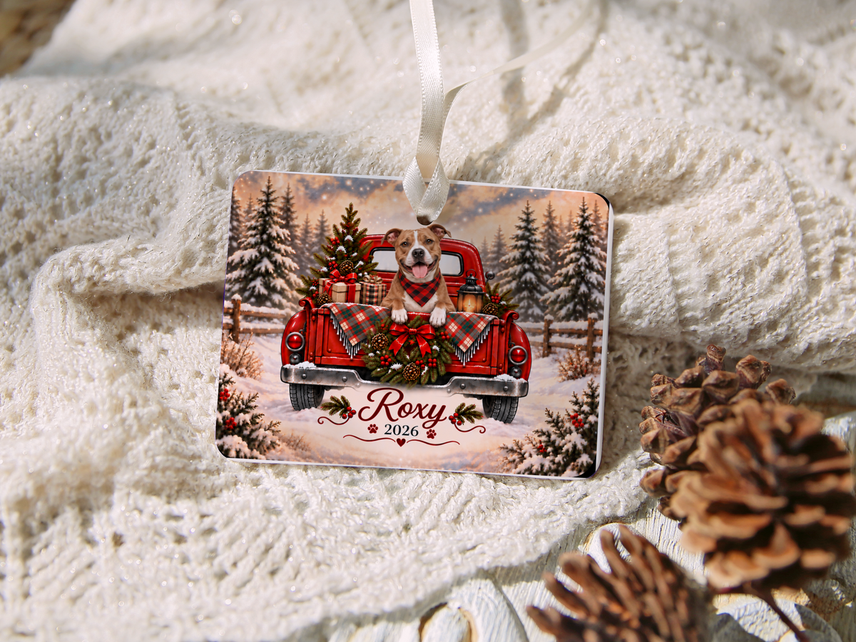 Personalized Pitbull Ornament, Christmas Red Truck, Custom Name and Year