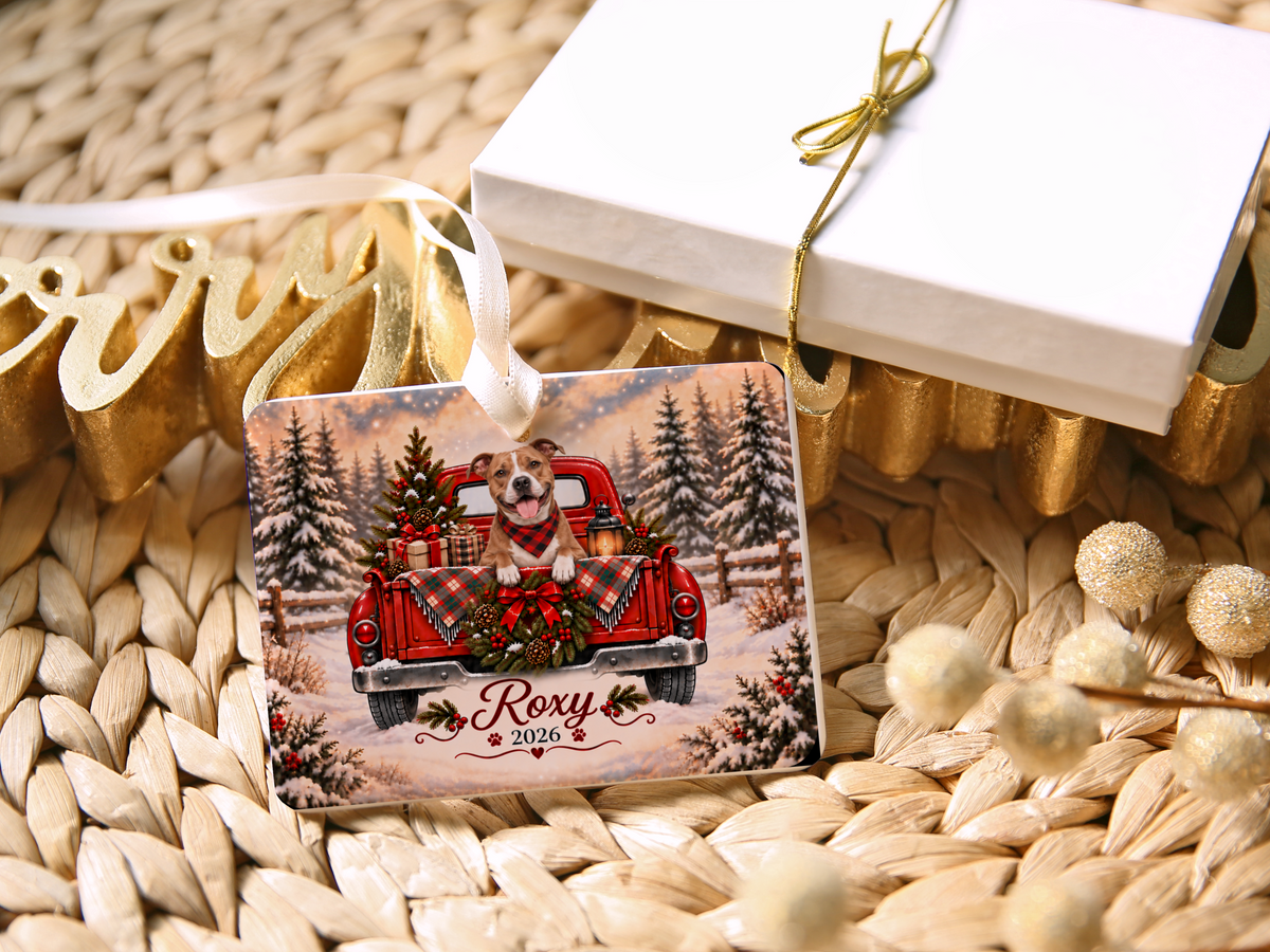 Personalized Pitbull Ornament, Christmas Red Truck, Custom Name and Year